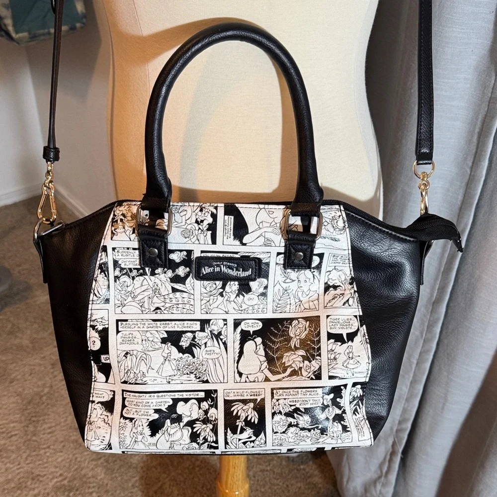 Loungefly Disney Black and White Comic Crossbody Bag, Alice in Wonderland - Picture 8 of 17